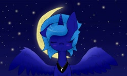 Size: 1600x960 | Tagged: safe, artist:silverhopexiii, princess luna, alicorn, pony, blushing, eyes closed, moon, smiling, solo, spread wings