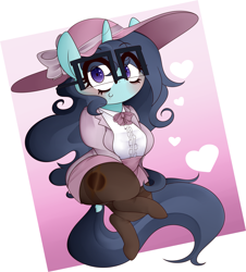 Size: 2783x3079 | Tagged: safe, artist:fullmetalpikmin, derpibooru import, oc, oc:insatiable void, anthro, pony, unicorn, bow, clothes, cute, female, glasses, hat, mare, milf, mother, pantyhose, skirt, sun hat