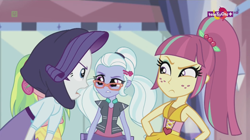 Size: 1136x638 | Tagged: safe, screencap, lemon zest, rarity, sour sweet, sugarcoat, dance magic, equestria girls, spoiler:eqg specials, angry, clothes, crystal prep academy, female, freckles, glasses, group, hand on hip, headphones, open mouth, ponytail, raised eyebrow, skirt, teletoon