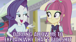 Size: 1136x638 | Tagged: safe, rarity, sour sweet, dance magic, equestria girls, spoiler:eqg specials, bowtie, clothes, crystal prep academy uniform, darling, eyeshadow, freckles, let me explain, makeup, open mouth, ponytail, school uniform, smiling, that's bullshit, vulgar