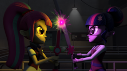 Size: 1920x1080 | Tagged: safe, artist:megatron-returns, sci-twi, sour sweet, twilight sparkle, equestria girls, 3d, angry, clothes, crystal prep academy uniform, duel, freckles, glasses, necktie, school uniform, sword, weapon