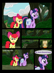 Size: 760x1020 | Tagged: safe, artist:template93, derpibooru import, apple bloom, owlowiscious, twilight sparkle, color, comic, story of the blanks