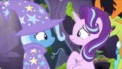 Size: 915x515 | Tagged: safe, derpibooru import, screencap, starlight glimmer, thorax, trixie, changedling, changeling, pony, unicorn, to change a changeling, discovery family logo, king thorax