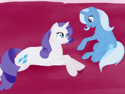 Size: 1024x768 | Tagged: safe, artist:sarcastictrixie, derpibooru import, rarity, trixie, pony, unicorn, female, lesbian, looking at each other, mare, open mouth, rarixie, shipping, signature, smiling, sofa