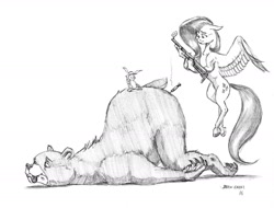 Size: 1400x1066 | Tagged: safe, artist:baron engel, angel bunny, fluttershy, harry, pegasus, pony, :p, derp, face down ass up, floppy ears, flying, grayscale, gun, monochrome, pencil drawing, simple background, spread wings, tongue out, traditional art, tranquilizer, tranquilizer dart, tranquilizer gun, unconscious, weapon, white background