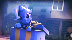 Size: 1920x1080 | Tagged: safe, artist:commanderjackshit, derpibooru import, trixie, pony, unicorn, 3d, clothes, cute, diatrixes, equestria girls outfit, female, hoodie, looking at you, mare, ponies in a box, present, smiling, solo, source filmmaker