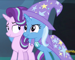 Size: 636x515 | Tagged: safe, derpibooru import, screencap, starlight glimmer, trixie, pony, to change a changeling, best friends, cropped, discovery family logo
