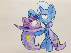 Size: 1280x960 | Tagged: safe, artist:adurot, derpibooru import, trixie, twilight sparkle, inconvenient trixie, inconvenient twilight, magic trick, role reversal, scrunchy face, the tables have turned, traditional art, woonoggles