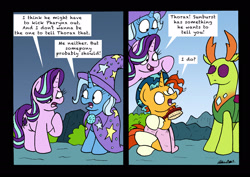 Size: 2463x1739 | Tagged: safe, artist:bobthedalek, derpibooru import, starlight glimmer, sunburst, thorax, trixie, changedling, changeling, pony, unicorn, to change a changeling, brush, comic, hat, king thorax, shower cap, surprised, towel