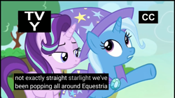 Size: 1920x1080 | Tagged: safe, derpibooru import, screencap, starlight glimmer, trixie, pony, to change a changeling, closed captioning, clothes, lidded eyes, meme, tv-y, youtube caption