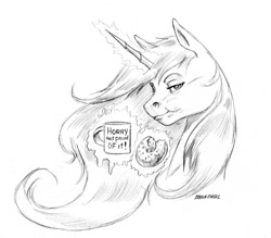 Size: 1400x1227 | Tagged: safe, artist:baron engel, princess celestia, alicorn, pony, cup, donut, eating, food, glowing horn, grayscale, innuendo, lidded eyes, looking at you, magic, missing accessory, monochrome, pencil drawing, simple background, sketch, solo, traditional art, white background