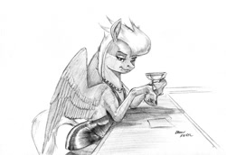 Size: 1500x1032 | Tagged: safe, artist:baron engel, oc, oc only, oc:blood feather, pegasus, pony, clothes, dress, drink, female, jewelry, looking at you, mare, monochrome, necklace, pencil drawing, simple background, sketch, solo, traditional art, white background