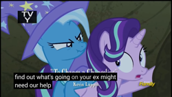 Size: 1920x1080 | Tagged: safe, derpibooru import, screencap, starlight glimmer, trixie, pony, to change a changeling, bag, discovery family logo, looking back, meme, scrunchy face, tv-y, youtube caption