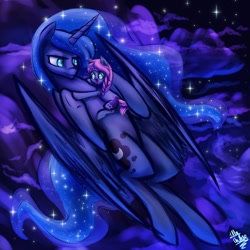 Size: 894x894 | Tagged: safe, artist:glitteronin, princess luna, oc, oc:seline, alicorn, pony, azuna, cute, female, filly, foal, hug, missing accessory, mother and child, mother and daughter, night, offspring, on back, open mouth, parent and child, parent:oc:azure night, parent:princess luna, parents:azuna, parents:canon x oc, size difference, smiling, stars, underhoof