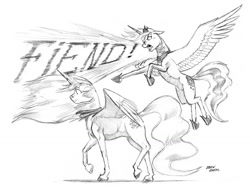 Size: 1400x1096 | Tagged: safe, artist:baron engel, princess celestia, princess luna, alicorn, pony, dialogue, floppy ears, flying, grayscale, monochrome, open mouth, pencil drawing, pointing, simple background, spread wings, story included, traditional art, traditional royal canterlot voice, walking, white background, wide eyes, windswept mane