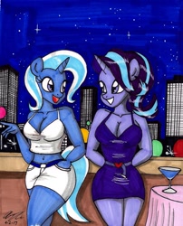 Size: 1364x1685 | Tagged: safe, artist:newyorkx3, derpibooru import, starlight glimmer, trixie, anthro, unicorn, belly button, breasts, city, cleavage, clothes, dress, drink, female, looking at each other, mare, midriff, night, smiling, starlight jiggler, titsie, traditional art