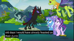 Size: 2524x1422 | Tagged: safe, derpibooru import, screencap, pharynx, starlight glimmer, thorax, trixie, changedling, changeling, pony, unicorn, to change a changeling, brothers, king thorax, male, meme, scared, youtube caption