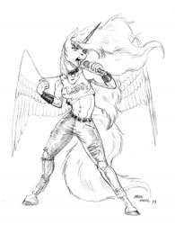 Size: 1100x1410 | Tagged: safe, artist:baron engel, princess luna, anthro, unguligrade anthro, abs, bracelet, clothes, collar, jewelry, microphone, monochrome, open mouth, pants, pencil drawing, ripped pants, simple background, singing, sketch, solo, spiked wristband, spread wings, tanktop, traditional art, white background