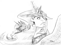 Size: 1500x1122 | Tagged: safe, artist:baron engel, princess celestia, princess luna, alicorn, pony, floppy ears, frown, glare, glowing horn, grayscale, magic, monochrome, open mouth, pencil drawing, simple background, spread wings, story included, traditional art