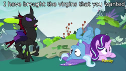 Size: 1920x1080 | Tagged: safe, derpibooru import, edit, edited screencap, screencap, pharynx, starlight glimmer, trixie, changeling, pony, unicorn, to change a changeling, caption, cute, diatrixes, discovery family logo, female, glimmerbetes, image macro, mare, meme, pony pile, scrunchy face, upside down, virgin