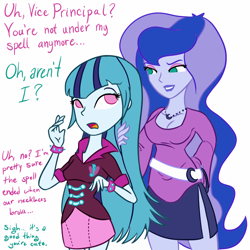 Size: 800x800 | Tagged: safe, artist:wryte, princess luna, sonata dusk, vice principal luna, equestria girls, alternate hairstyle, bedroom eyes, cleavage, colored, dialogue, female, lesbian, loose hair, moonlight sonata, shipping