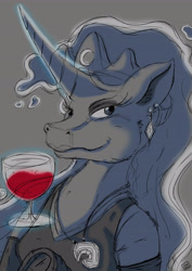 Size: 3508x4961 | Tagged: safe, artist:dinodraketakethecake, princess luna, anthro, earring, solo, wine