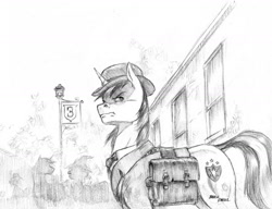 Size: 1400x1076 | Tagged: safe, artist:baron engel, shining armor, pony, unicorn, bowler hat, clothes, fog, hat, lamppost, monochrome, noir, pencil drawing, saddle bag, sign, silhouette, story in the source, suit, traditional art, train station