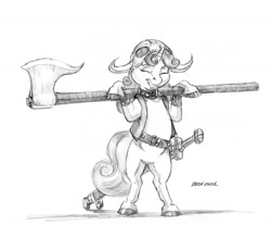 Size: 1400x1160 | Tagged: safe, artist:baron engel, sweetie belle, pony, axe, belt, bipedal, bracer, clothes, collar, happy, helmet, monochrome, pencil drawing, smiling, solo, sword, traditional art, training wheels, vest, weapon