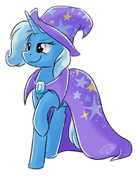 Size: 1150x1477 | Tagged: safe, artist:ruushiicz, derpibooru import, trixie, pony, unicorn, cape, clothes, female, hat, mare, simple background, smiling, solo, transparent background, trixie's cape, trixie's hat