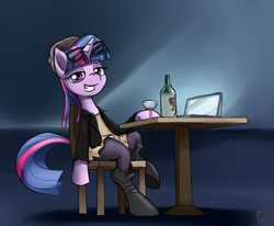 Size: 1040x859 | Tagged: safe, artist:gsphere, derpibooru import, twilight sparkle, alcohol, chair, clothes, computer, glasses, hipster, jacket, laptop computer, looking at you, sitting, solo, table, wine