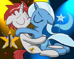 Size: 999x799 | Tagged: safe, artist:doom-tanker, derpibooru import, trixie, oc, blushing, canon x oc, female, hug, kissing, male, shipping, straight