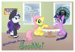 Size: 900x630 | Tagged: dead source, safe, artist:catwhitney, derpibooru import, fluttershy, rarity, twilight sparkle, pegasus, pony, unicorn, beatnik rarity, beret, clothes, coffee, hat, hipster, pun, seattle, space needle, starbucks