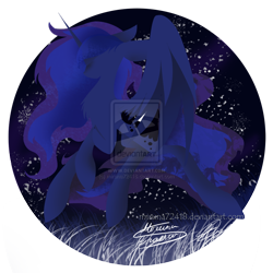 Size: 1024x1024 | Tagged: dead source, safe, artist:mirunacipsi, princess luna, alicorn, pony, deviantart watermark, female, floppy horn, horn, mare, modern art, night, obtrusive watermark, solo, watermark