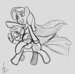 Size: 1641x1618 | Tagged: safe, artist:mostazathy, derpibooru import, trixie, twilight sparkle, twilight sparkle (alicorn), alicorn, pony, bridle, female, mare, monochrome, ponies riding ponies