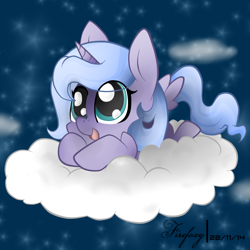 Size: 1000x1000 | Tagged: safe, artist:firefoxxy, artist:wolfwindelement, princess luna, alicorn, pony, cloud, cloudy, cute, eye clipping through hair, filly, prone, solo, sweet dreams fuel, weapons-grade cute, woona