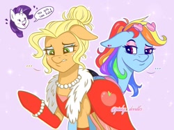 Size: 880x658 | Tagged: safe, artist:pinkyydoodles, applejack, rainbow dash, rarity, earth pony, pegasus, pony, unicorn, ..., alternate hairstyle, applejack also dresses in style, clothes, dress, ear piercing, eyeshadow, fabulous, feather boa, floating heart, heart, heart sunglasses, jewelry, makeover, makeup, necklace, pearl necklace, piercing, pink background, rainbow dash always dresses in style, rainbow dash is not amused, signature, simple background, speech bubble, sunglasses, tomboy taming, unamused, unsure