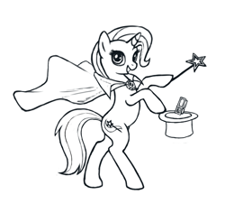 Size: 978x886 | Tagged: safe, artist:choedan-kal, derpibooru import, trixie, pony, bipedal, crackers, food, hat, monochrome, peanut butter, peanut butter crackers, solo, top hat, trixie's cape, wand