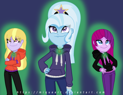 Size: 1440x1120 | Tagged: safe, artist:miqueart, derpibooru import, fuchsia blush, lavender lace, trixie, equestria girls, rainbow rocks, alternate universe, clothes, crossed arms, dazzling, female, hand on hip, hoodie, trixie and the illusions