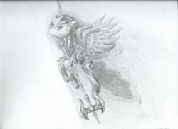 Size: 1024x745 | Tagged: safe, artist:lollipony, princess luna, alicorn, pony, armor, female, flying, grayscale, halberd, mare, monochrome, simple background, solo, traditional art, warrior luna, white background