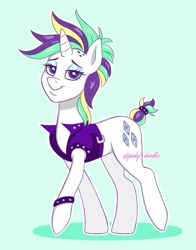 Size: 845x1078 | Tagged: safe, artist:pinkyydoodles, rarity, pony, unicorn, alternate hairstyle, blue background, eyeshadow, female, lidded eyes, looking at you, makeup, mare, punk, raripunk, signature, simple background, smiling, solo