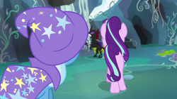 Size: 1280x720 | Tagged: safe, derpibooru import, screencap, pharynx, starlight glimmer, trixie, pony, unicorn, to change a changeling, cape, clothes, dat butt, hat, meme, out of context, plot, trixie's cape, trixie's hat