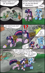 Size: 1881x3070 | Tagged: safe, artist:ciriliko, derpibooru import, trixie, twilight sparkle, zombie, comic, creeper, female, lesbian, phone, plot, red eyes, shipping, twixie