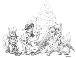 Size: 1500x1142 | Tagged: safe, artist:baron engel, rainbow dash, oc, oc:calvados, oc:littlepiprousel, oc:overhaul, oc:petina, oc:sky brush, earth pony, pegasus, pony, unicorn, cape, christmas tree, cider mug, clothes, female, hat, hug, male, mare, monochrome, mug, pencil drawing, stallion, traditional art, tree