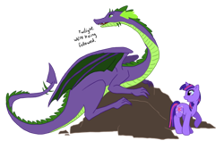 Size: 742x496 | Tagged: safe, artist:c-puff, derpibooru import, spike, twilight sparkle, dragon, adult, dialogue, older, simple background, transparent background