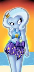 Size: 397x821 | Tagged: safe, artist:alazak, derpibooru import, trixie, equestria girls, beach, bikini, bikini top, clothes, smiling, solo, swimsuit, water