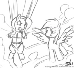 Size: 1280x1173 | Tagged: safe, artist:johnjoseco, derpibooru import, rainbow dash, trixie, pegasus, pony, flying, grayscale, monochrome, skydiving