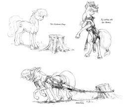 Size: 1100x948 | Tagged: safe, artist:baron engel, applejack, oc, oc:carousel, earth pony, pony, chains, duo, duo female, female, floppy ears, frown, harness, mare, monochrome, pencil drawing, pulling, story included, tack, traditional art, tree stump, unshorn fetlocks