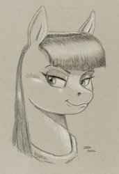 Size: 1000x1460 | Tagged: safe, artist:baron engel, maud pie, earth pony, pony, bust, female, mare, monochrome, pencil drawing, portrait, sketch, smiling, solo, traditional art