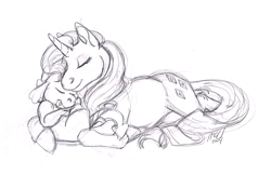 Size: 1128x787 | Tagged: safe, artist:carnivorouscaribou, rarity, spike, dragon, pony, unicorn, female, male, monochrome, shipping, sketch, snuggling, sparity, spikelove, straight, traditional art