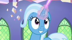 Size: 1280x720 | Tagged: safe, derpibooru import, screencap, trixie, pony, unicorn, all bottled up, cute, diatrixes, female, glowing horn, magic, mare, smiling, solo